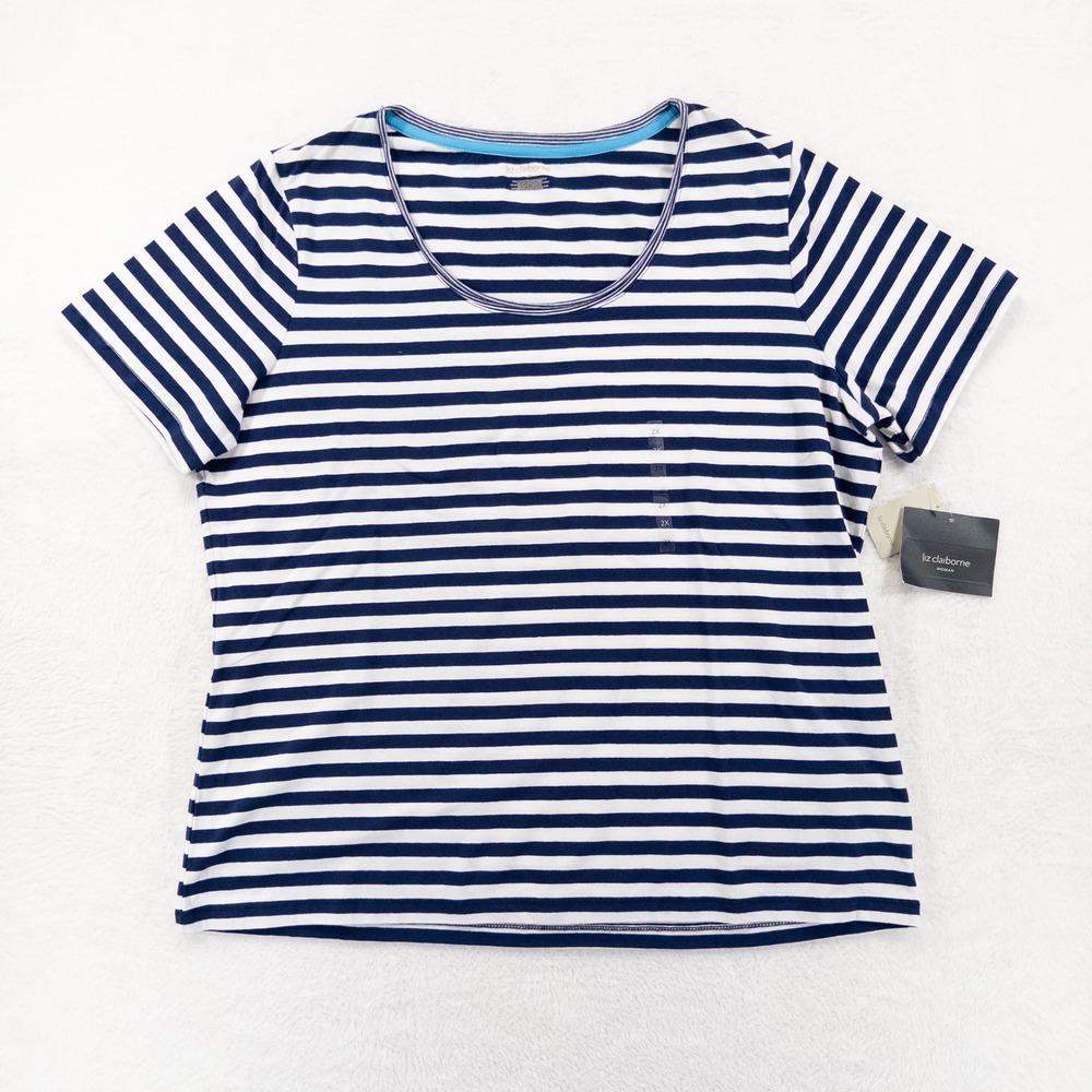 Liz Claiborne Womens T-Shirt 2X Blue White Striped Short Sleeve Scoop Neck Tee